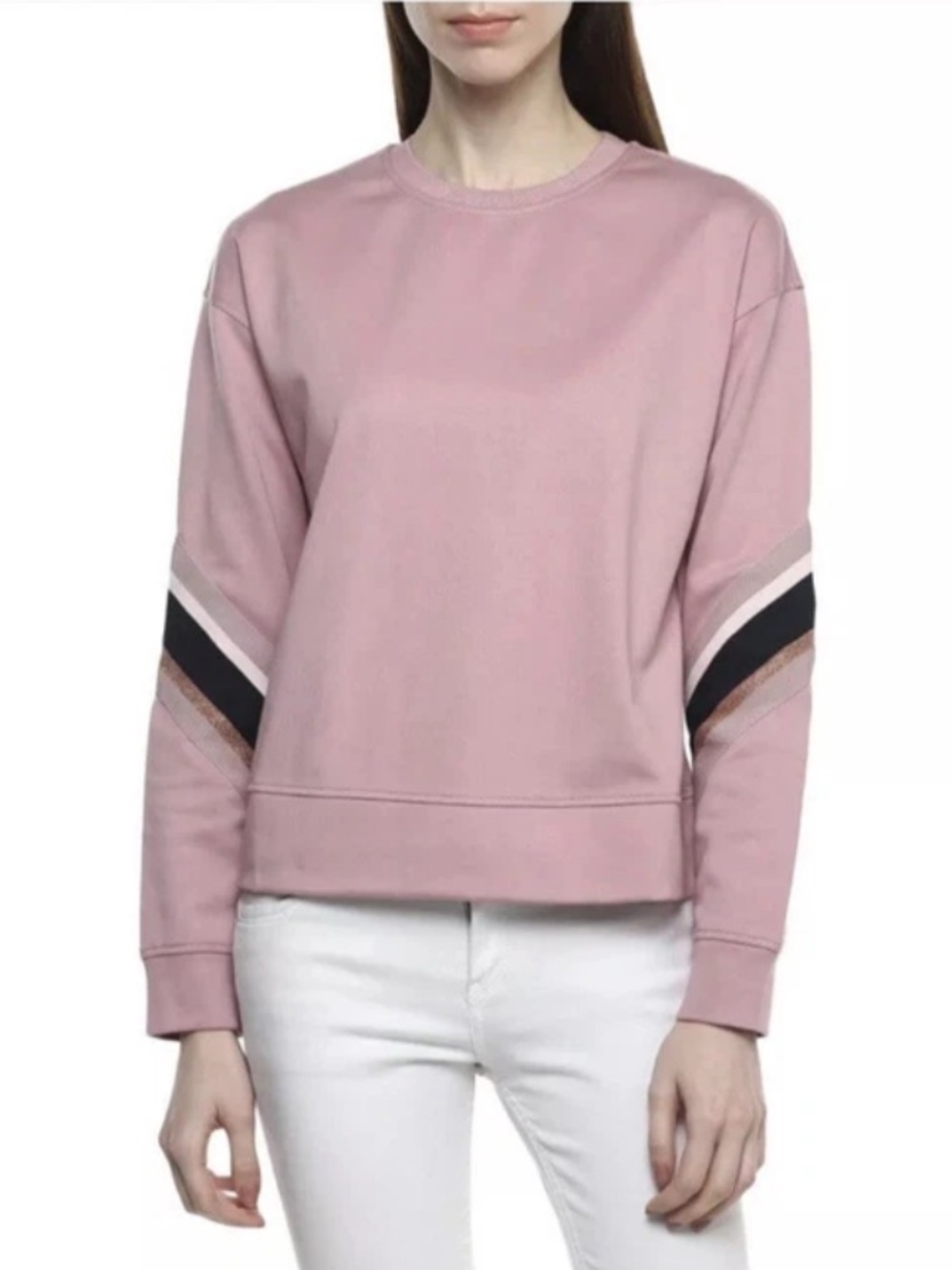 Ted Baker Pink Crewneck Sweatshirt with Contrasting Sleeve Stripes 1 Small
